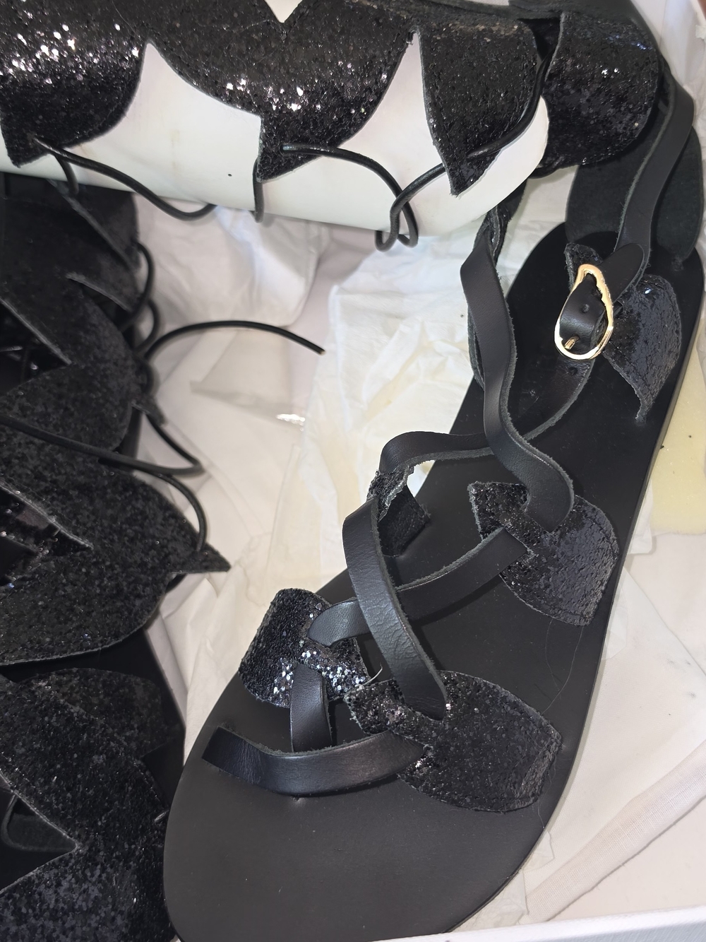 Ancient Greek Sandals Black Glitter Lace-Up Gladiator Sandals